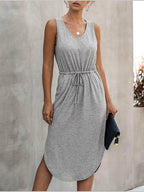 V neck Solid Color Irregular Waist Round Neck Vest Dress
