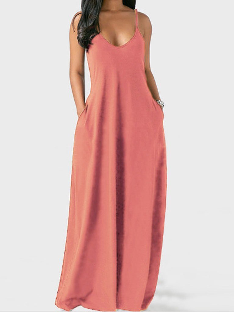 V neck Solid Pocket Casual Sling Dress