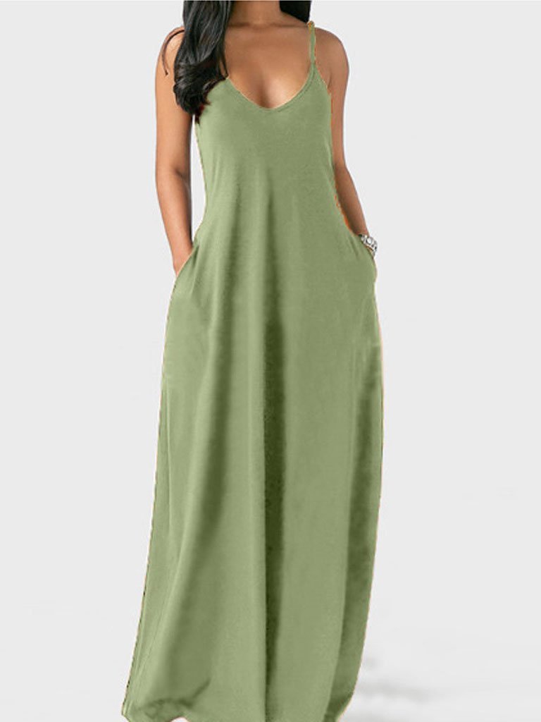 V neck Solid Pocket Casual Sling Dress