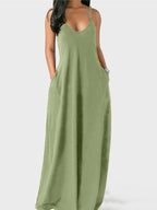 V neck Solid Pocket Casual Sling Dress