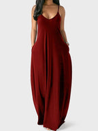 V neck Solid Pocket Casual Sling Dress