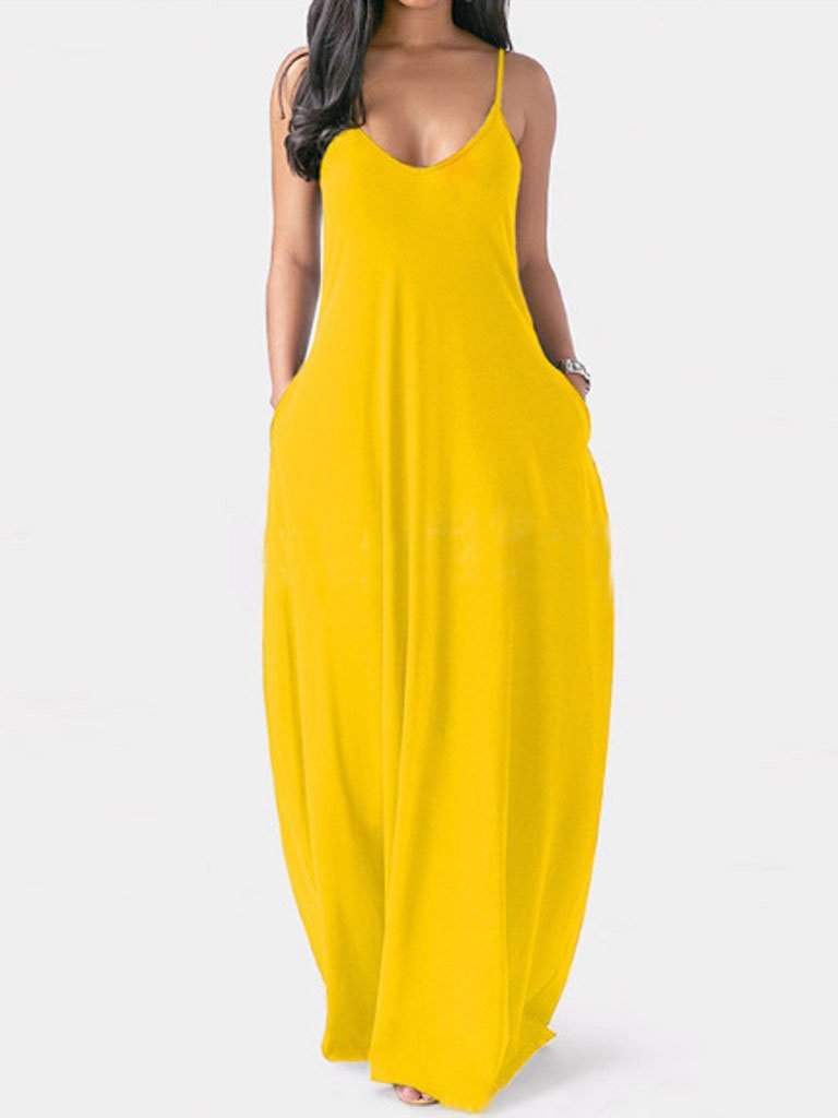 V neck Solid Pocket Casual Sling Dress