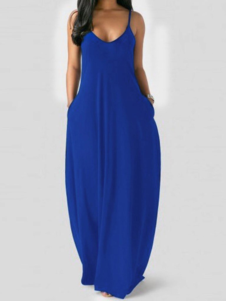 V neck Solid Pocket Casual Sling Dress