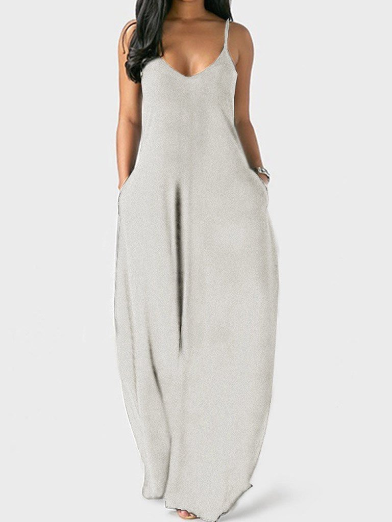 V neck Solid Pocket Casual Sling Dress