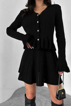 V-Neck Sparkle Ruffled Waist-Cinched Knit Chic Two Piece Set