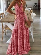 V neck Strap Bohemian Holiday Print Dress