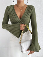 V-neck Striped Long Sleeve Knit Sweater