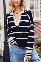 V-neck Striped Sweater with Lapel