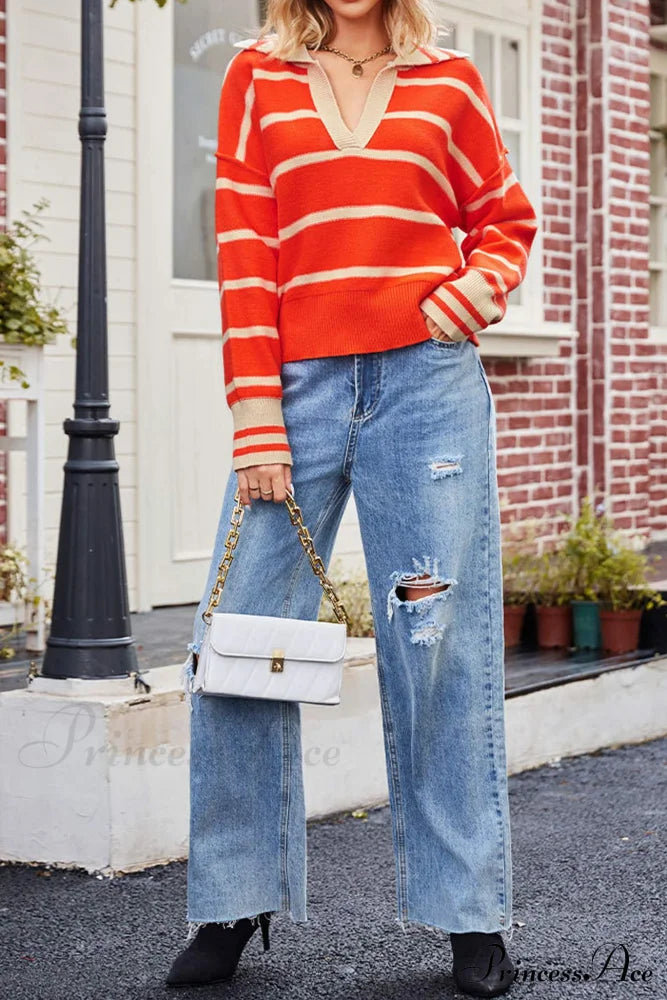 V-neck Striped Sweater with Lapel