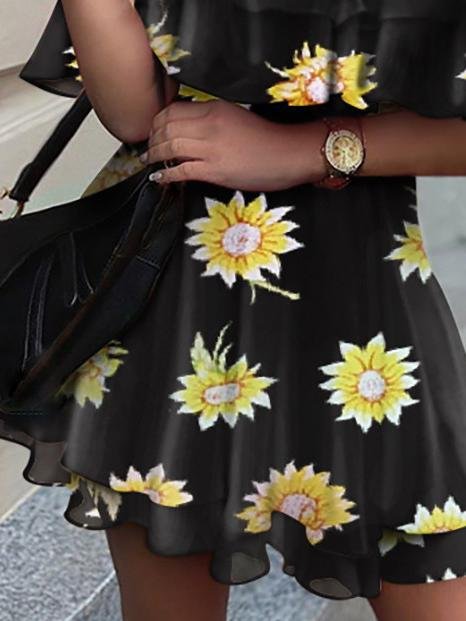 V Neck Sunflower Print Off The Shoulder Ruffle Dress