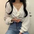 V-neck Twisted Lantern Sleeve Solid Casual Blouse