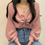V-neck Twisted Lantern Sleeve Solid Casual Blouse