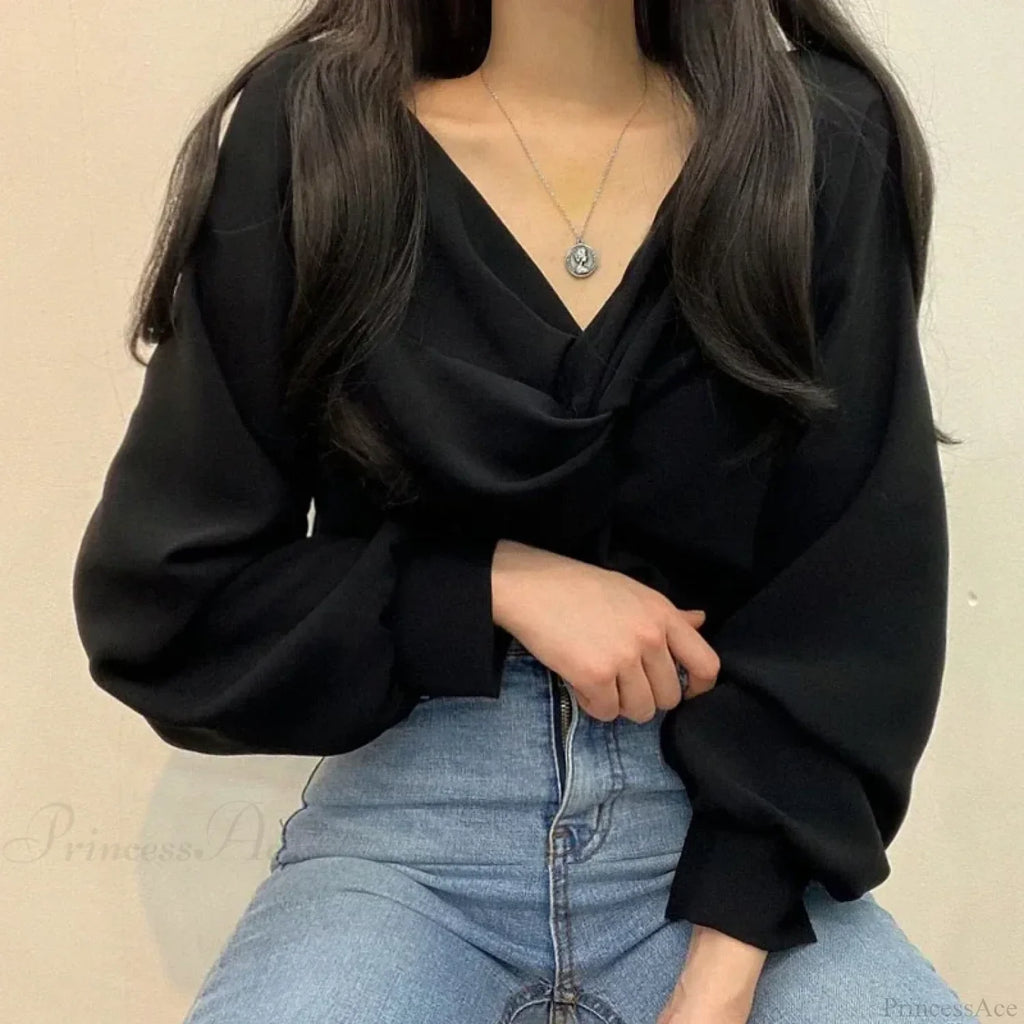 V-neck Twisted Lantern Sleeve Solid Casual Blouse