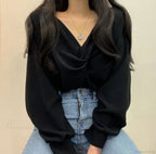 V-neck Twisted Lantern Sleeve Solid Casual Blouse