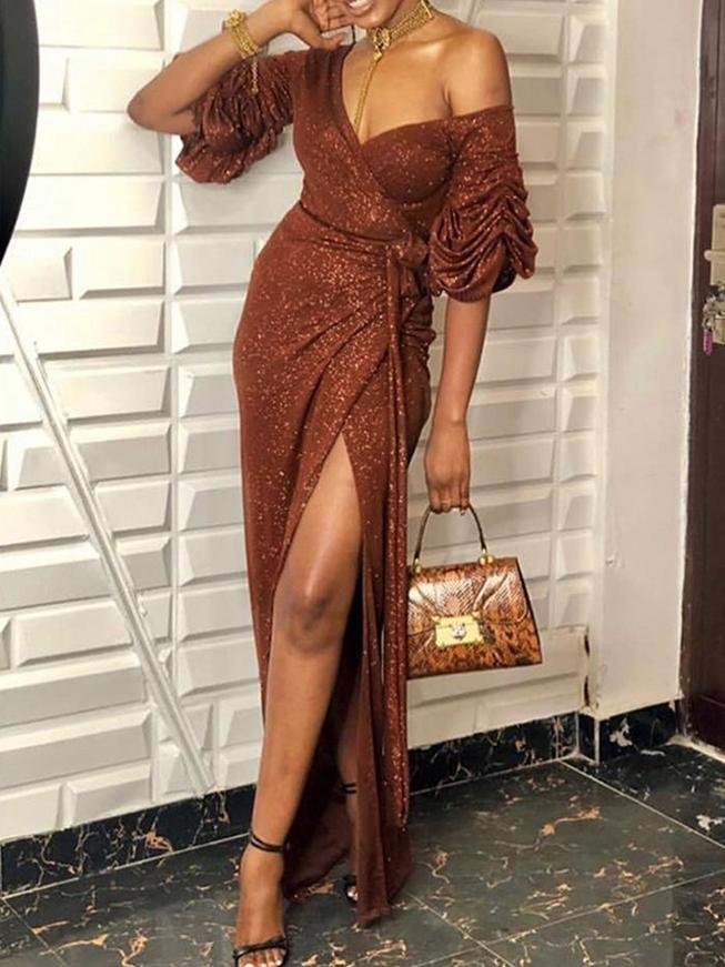 V neck Wrapped Chest Slit Mopping Dress