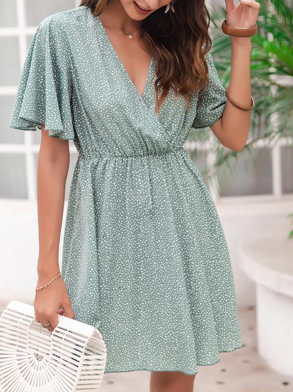 Vacation Polka Dot Print V Neck Short Sleeve Dress