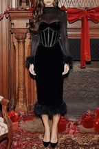 Velvet Patchwork Fuzzy Hem Slit Dress
