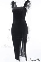 Velvet Split Dress with Fuzzy Shoulders