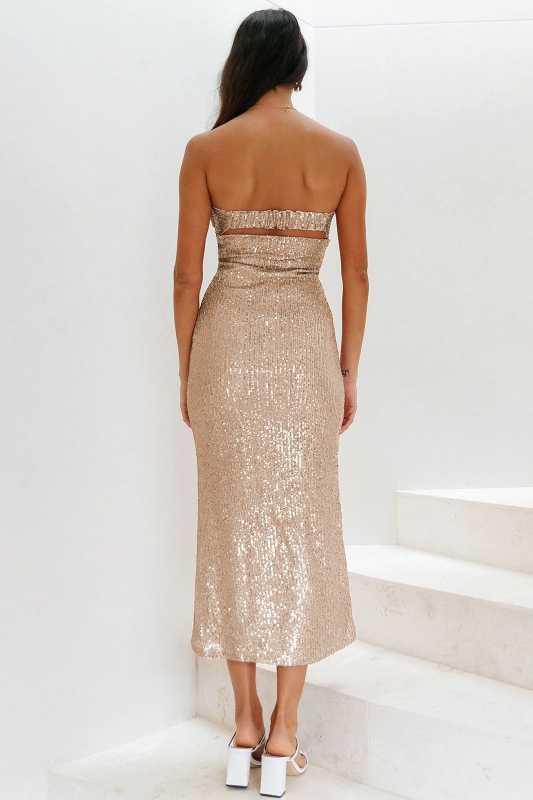 Amelia Statement Strapless Midi Dress with Sequins Premium Wardrobe Essential