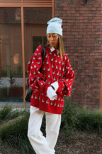 Versatile Color Block Jacquard Red Knitted Blouse