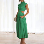 Paula Minimalist High Neck Pleated Dress Designer Edit