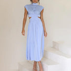 Paula Minimalist High Neck Pleated Dress Designer Edit