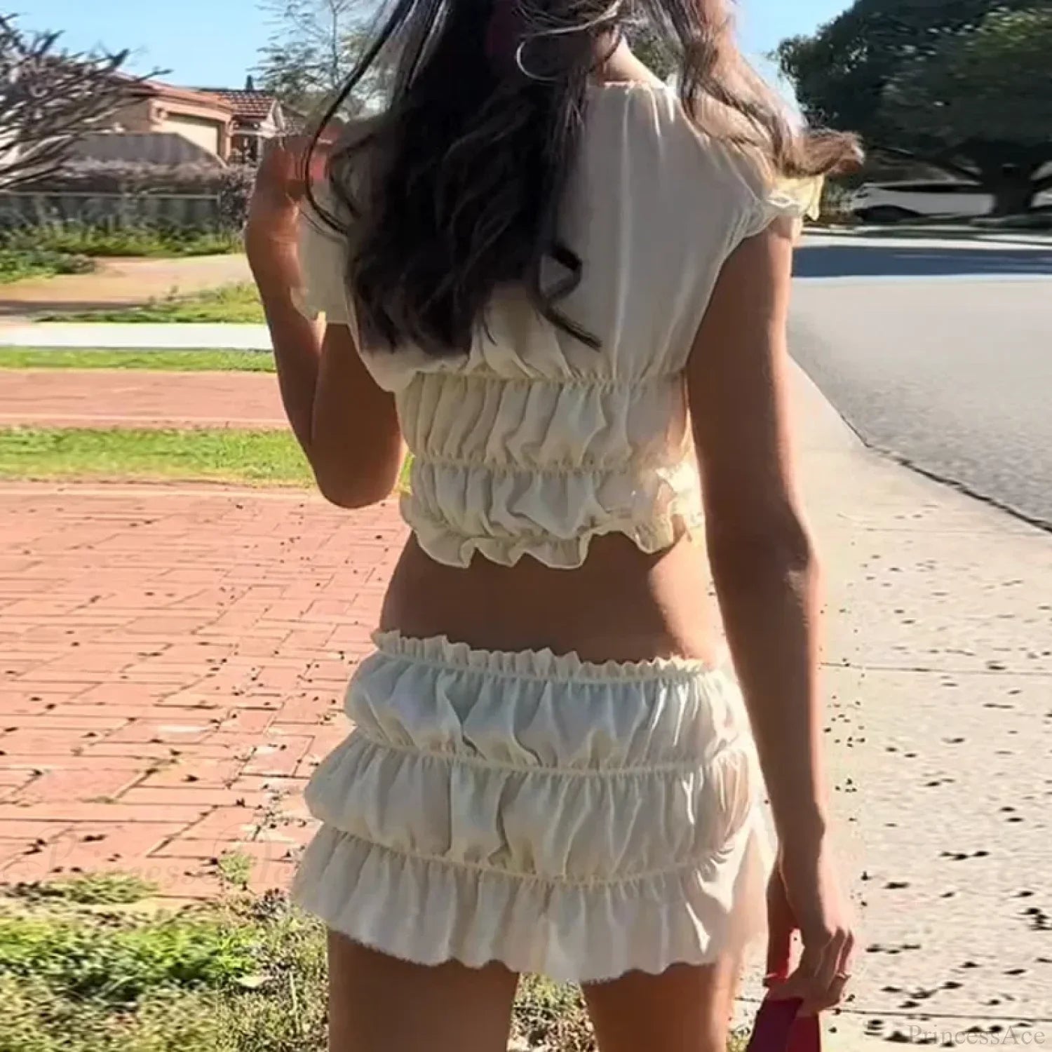 Vintage 2 Piece Set Cute Bow V Neck Ruched Crop Tops + Mini Pencil Fairycore Cottage T-shirt Y2K Kawaii Sweet Outfits Women