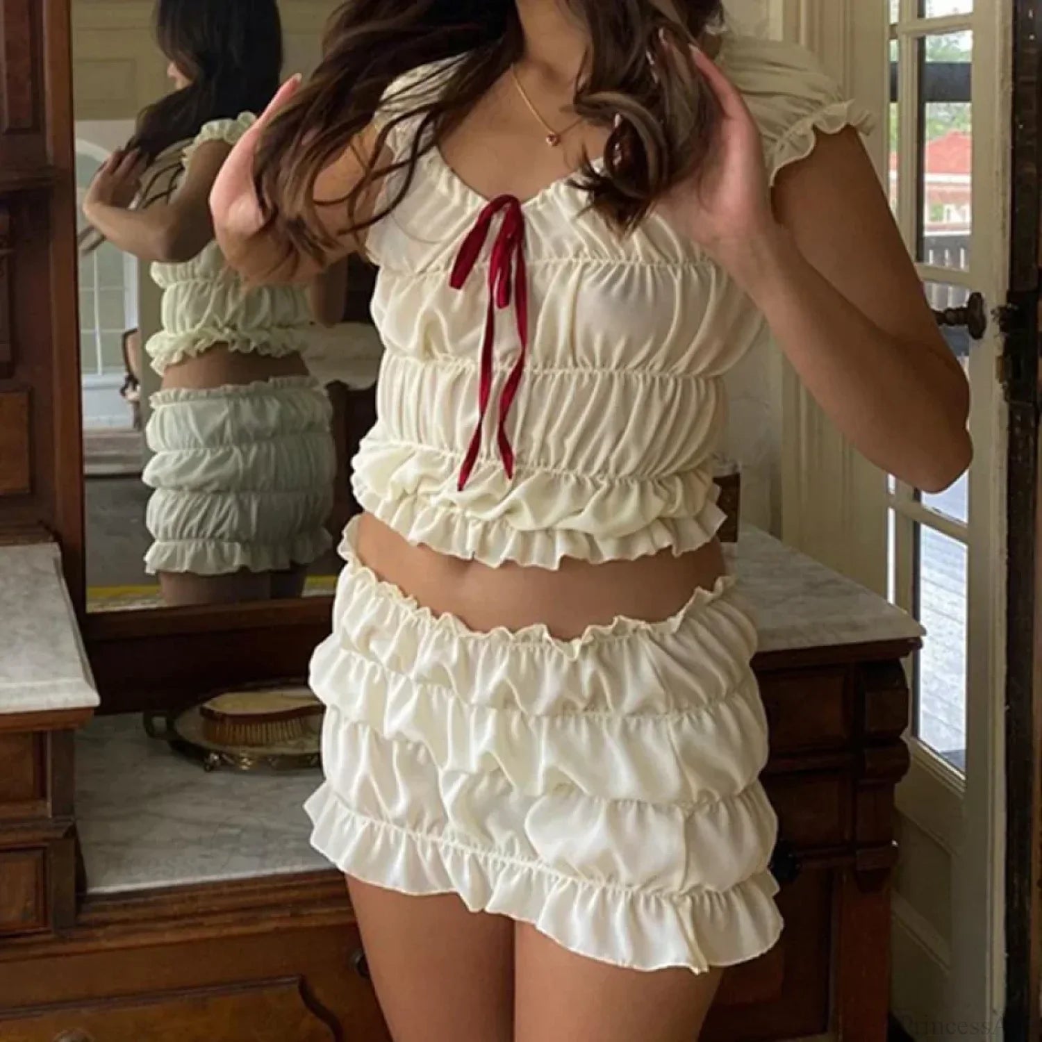 Vintage 2 Piece Set Cute Bow V Neck Ruched Crop Tops + Mini Pencil Fairycore Cottage T-shirt Y2K Kawaii Sweet Outfits Women
