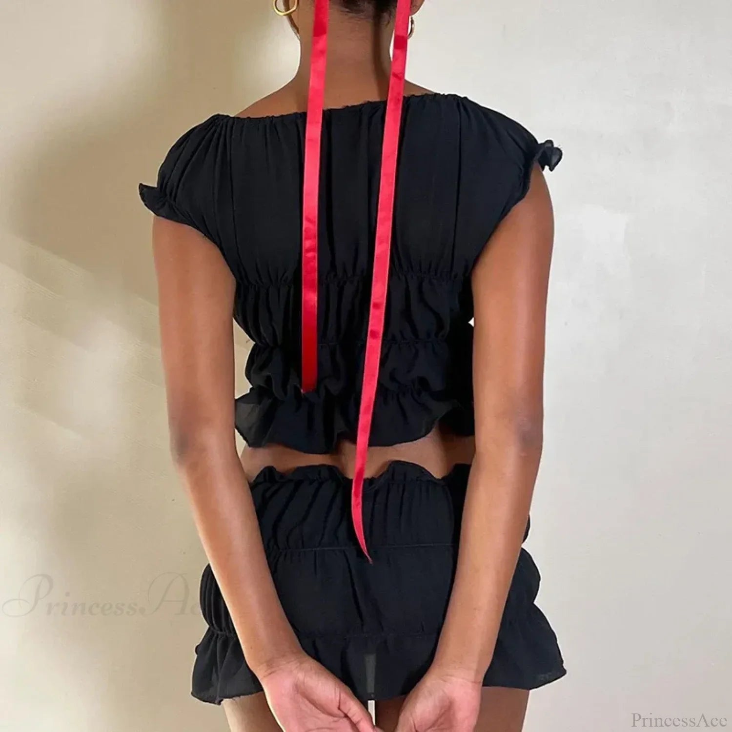 Vintage 2 Piece Set Cute Bow V Neck Ruched Crop Tops + Mini Pencil Fairycore Cottage T-shirt Y2K Kawaii Sweet Outfits Women