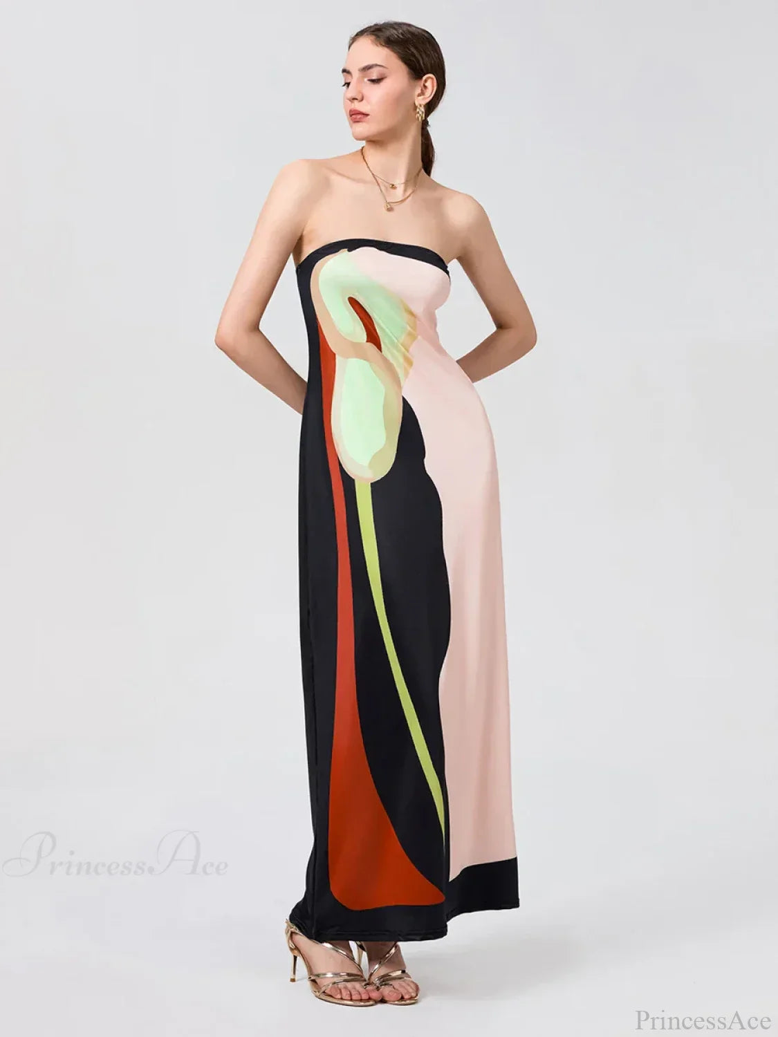 Vintage Abstract Floral Strapless Backless Loose Tube Top Floral Dress