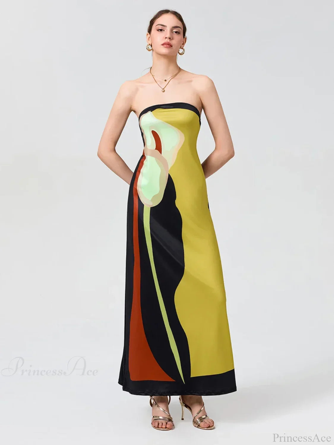 Vintage Abstract Floral Strapless Backless Loose Tube Top Floral Dress