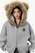 Vintage Bear Ear Fleece Collar Zip Hoodie