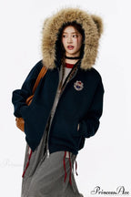Vintage Bear Ear Fleece Collar Zip Hoodie