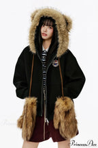 Vintage Bear Ear Fleece Collar Zip Hoodie