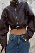 Vintage Biker Stand Collar Zipper Leather Jacket