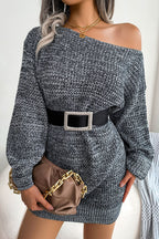 Vintage Boat Neck Long Sleeve Marled Knit Sweater Mini Dress - Black