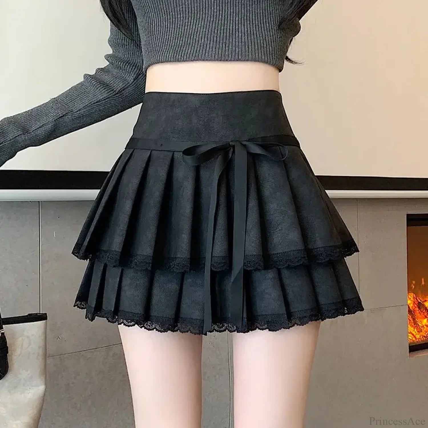 Vintage Bow Pleated PU Skirt