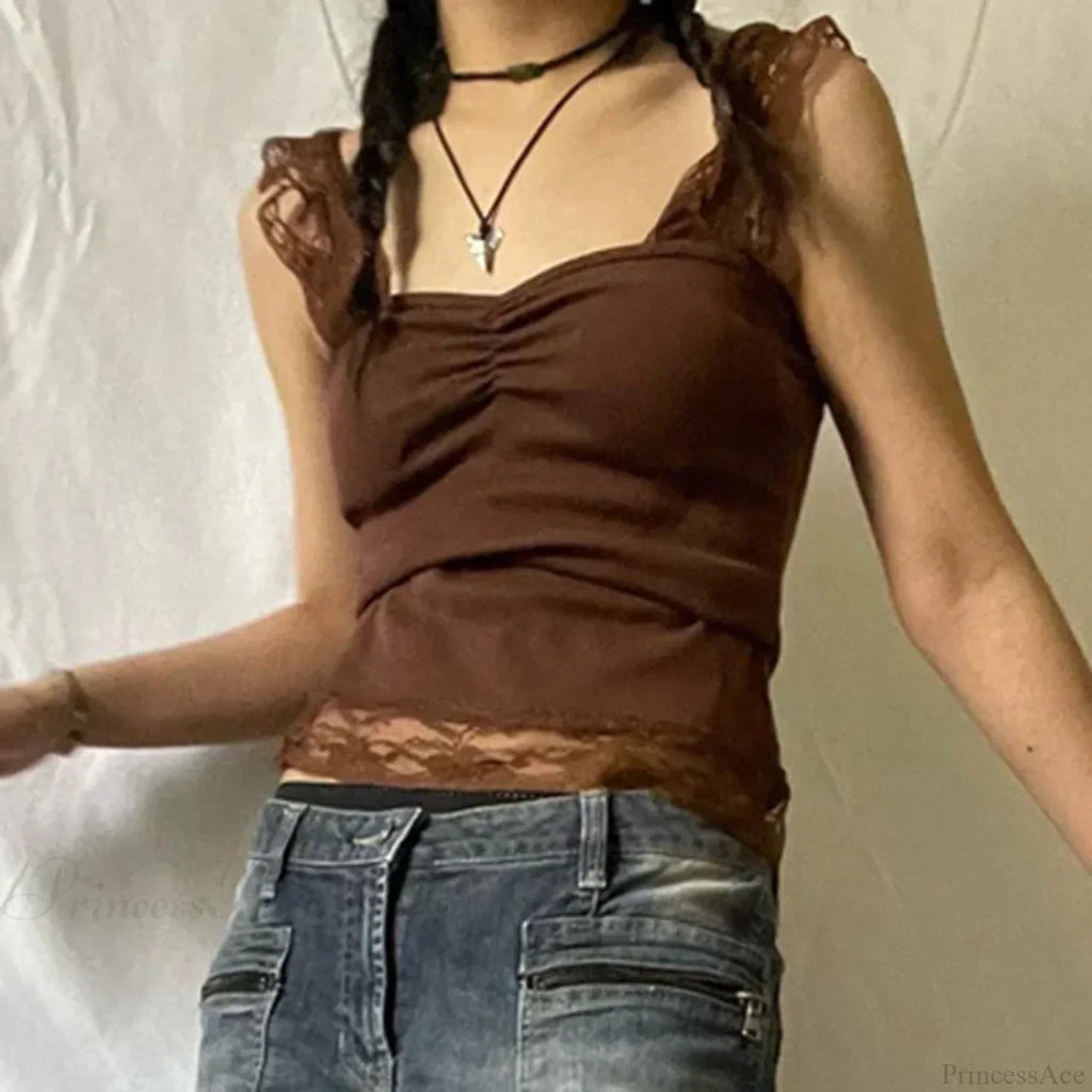 Vintage Brown Lace Patchwork Open Back Slim Fit Fairy Grunge Y2K Camis Crop Top