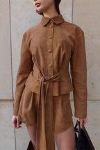 Vintage Brown Suede Tie Waist Cropped Two Piece Set