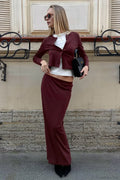 Vintage Burgundy Collared Cropped Straight Two Piece Set