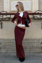 Vintage Burgundy Collared Cropped Straight Two Piece Set