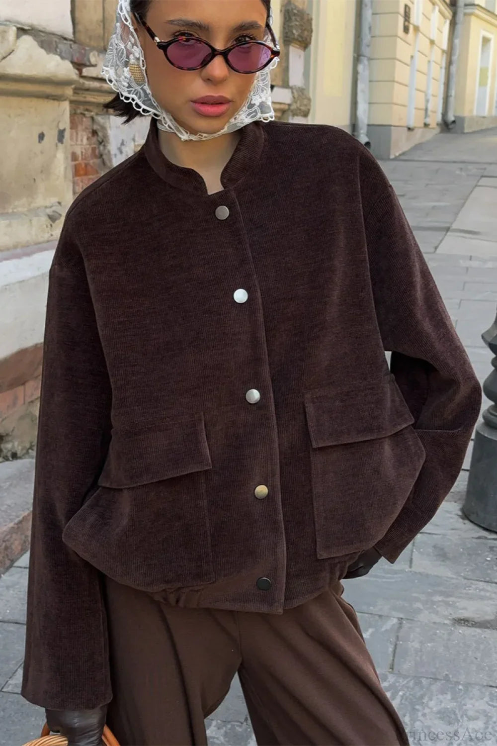 Vintage Corduroy Stand Collar Loose Buttoned Jacket