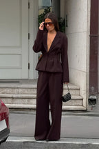 Vintage Deep V-Neck Fitted Waist Blazer Long Sleeve Two Piece Set