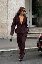 Vintage Deep V-Neck Fitted Waist Blazer Long Sleeve Two Piece Set
