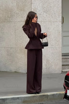 Vintage Deep V-Neck Fitted Waist Blazer Long Sleeve Two Piece Set