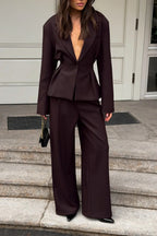Vintage Deep V-Neck Fitted Waist Blazer Long Sleeve Two Piece Set