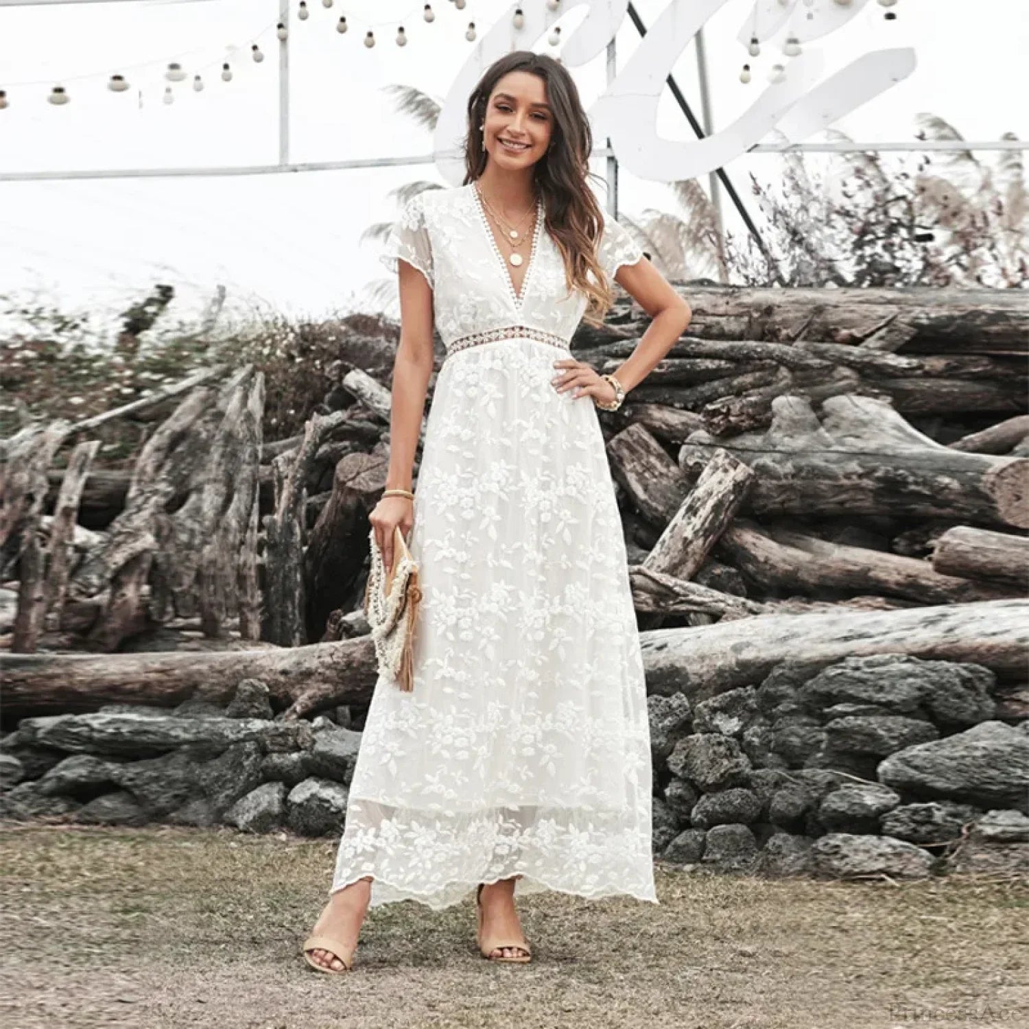 Vintage Deep V Short Sleeve Dress
