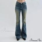 Vintage Denim Flare For Women Fashion Streetwear High Waist Hit Color Slim Female Autumn Jean