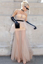 Vintage Dotted Mesh Peplum Strapless Maxi Evening Dress - Khaki