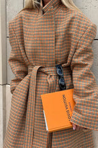 Vintage Elegant Warm Houndstooth Wool Blend Tie-Waist Overcoat